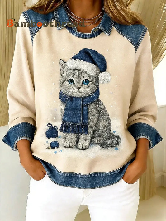 Retro Cute Cat Denim Scarf Patchwork Printed Casual Loose Long Sleeve Lapel Sweatshirt Apricot / S