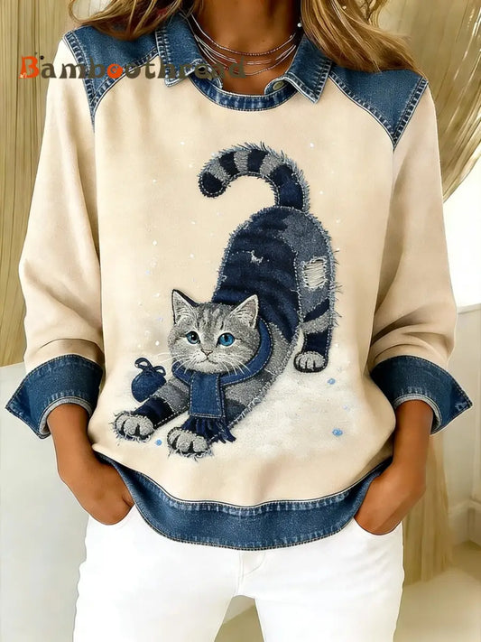 Retro Cute Cat Denim Scarf Patchwork Printed Casual Loose Long Sleeve Lapel Sweatshirt Apricot / S