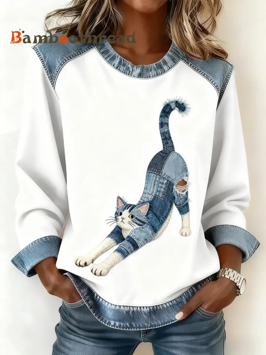 Retro Cute Cat Stretching Denim Patchwork Print Long-Sleeved Top White / S