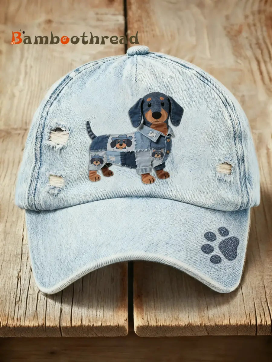 Retro Cute Dachshund Cowboy Print Washed Cap Blue / ONE
