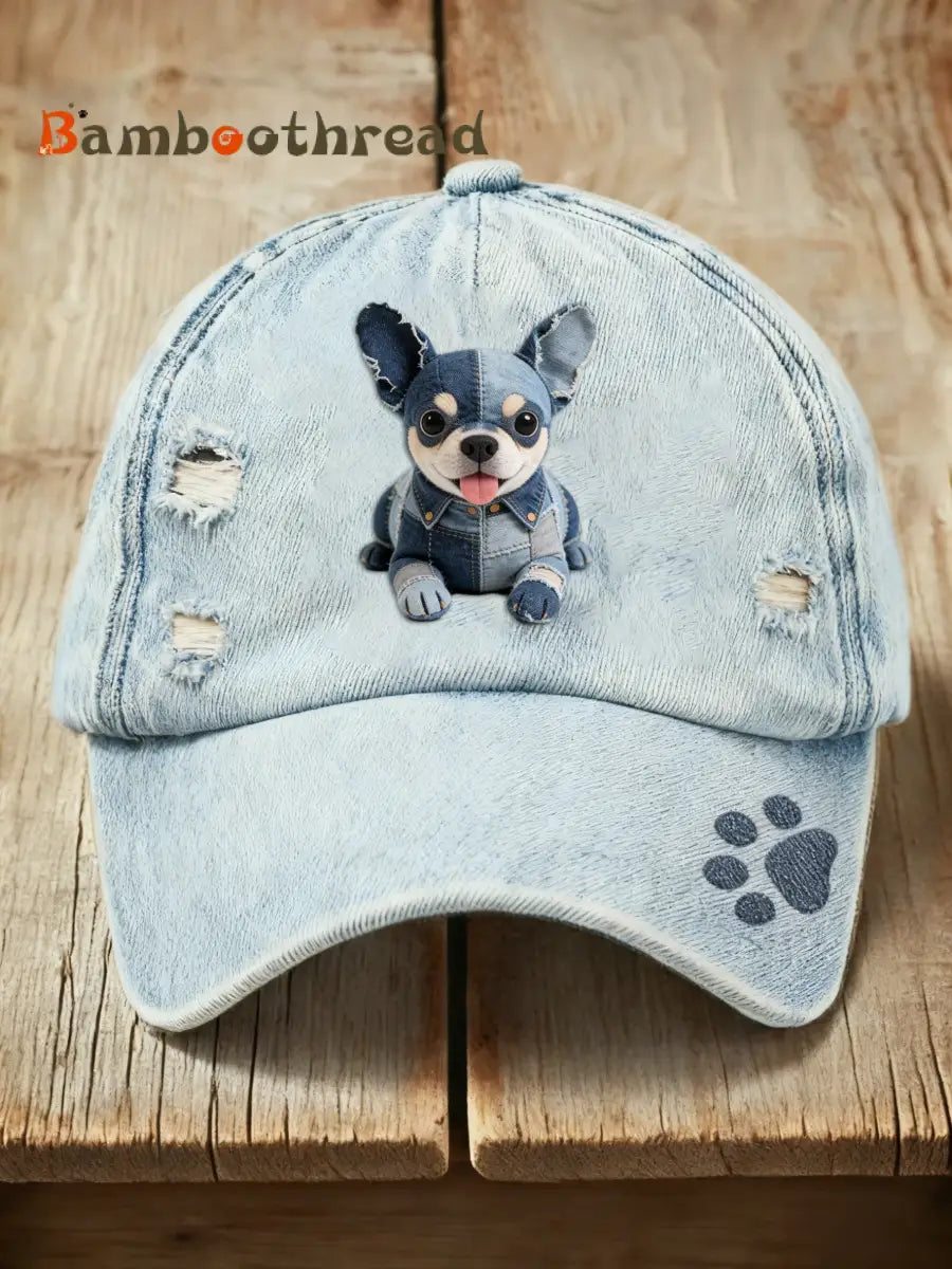 Retro Cute Dog Chihuahua Cowboy Print Washed Cap Blue / ONE