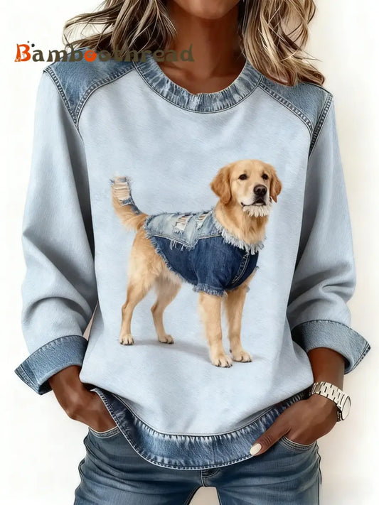 Retro Cute Dog Denim Patchwork Print Long-Sleeved Top Blue / S