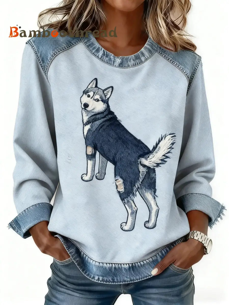 Retro Cute Dog Denim Patchwork Print Long-Sleeved Top Blue / S