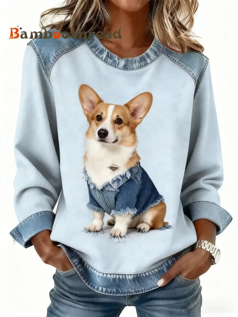 Retro Cute Dog Denim Patchwork Print Long-Sleeved Top Blue / S
