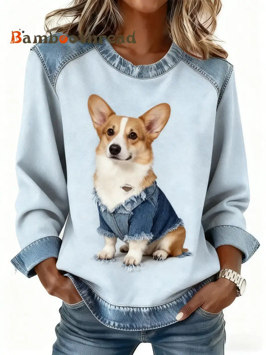 Retro Cute Dog Denim Patchwork Print Long-Sleeved Top Blue / S