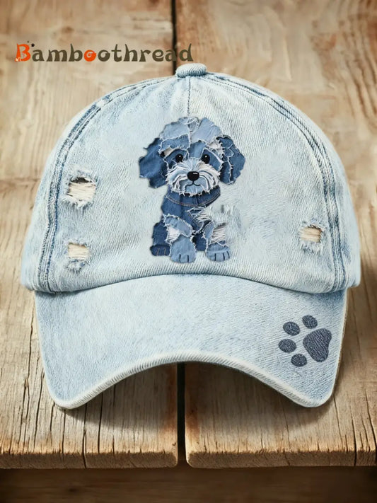 Retro Cute Dog Denim Print Washed Cap Blue / ONE