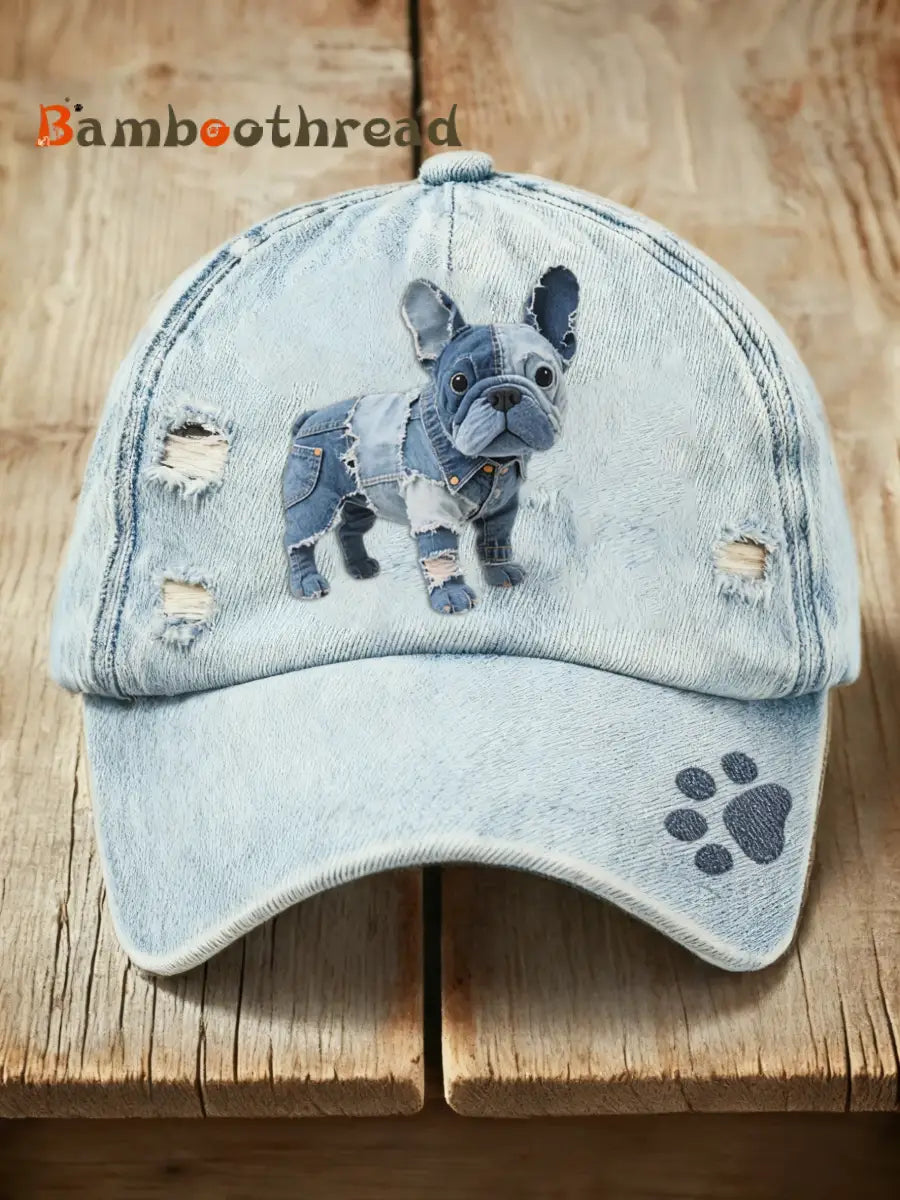 Retro Cute Dog Denim Print Washed Cap Blue / ONE