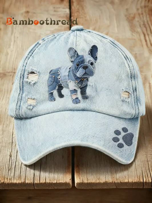 Retro Cute Dog Denim Print Washed Cap Blue / ONE