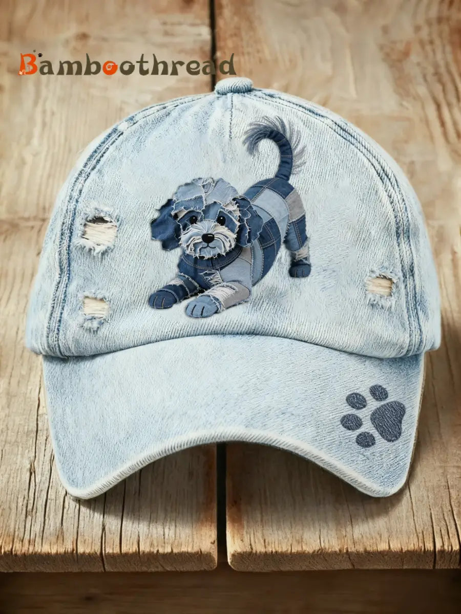 Retro Cute Dog Denim Print Washed Cap Blue / ONE