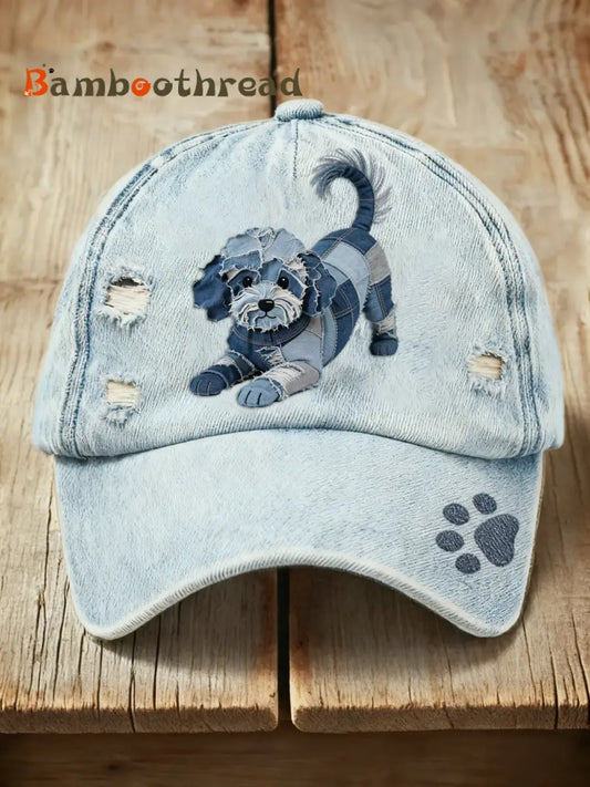 Retro Cute Dog Denim Print Washed Cap Blue / ONE