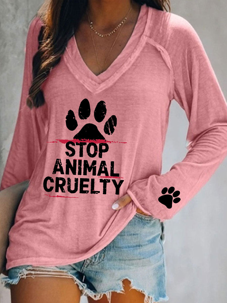 Women's Stop Animal Cruelty Print V-Neck T-Shirt