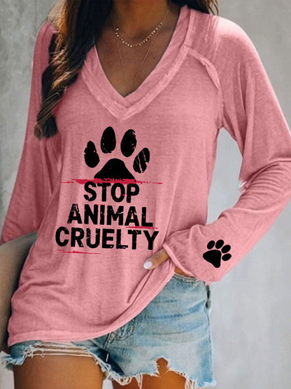 Women's Stop Animal Cruelty Print V-Neck T-Shirt