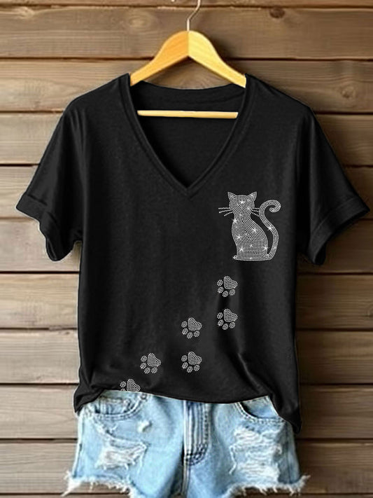 Women's Rhinestone Art Cat Pattern V-Neck T-Shirt