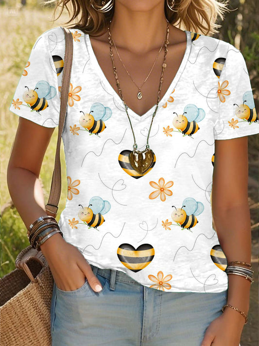 Women’s bees print V-neck T-shirts