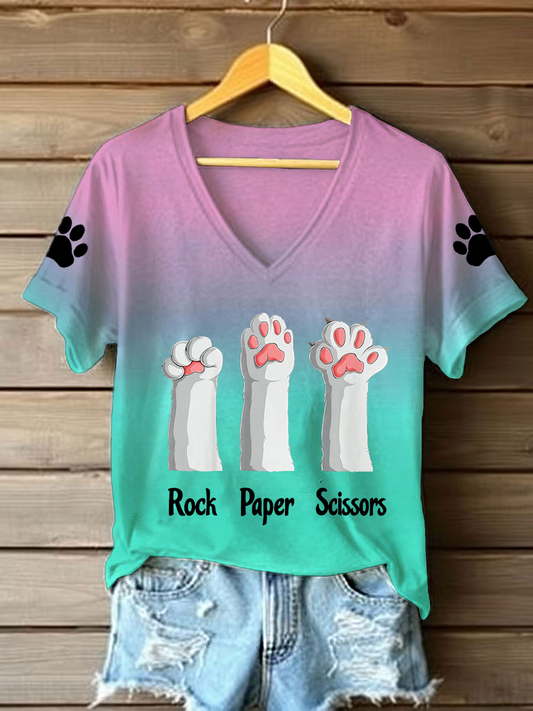 Women's rock paper scissors cat paw V-neck T-shirts