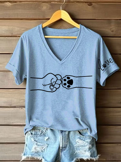 Women's Paw And Hand Printed Casual T-Shirt