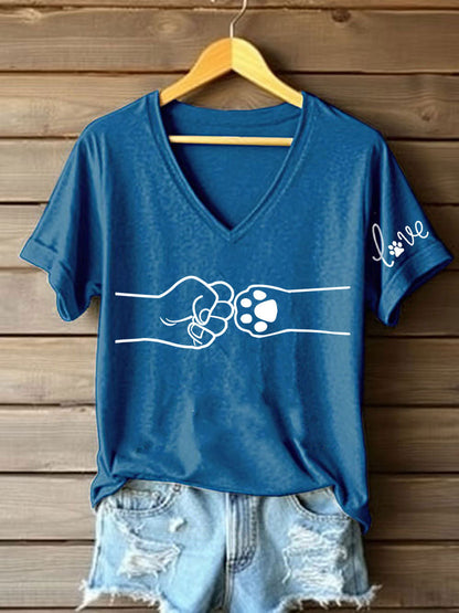 Women's Paw And Hand Printed Casual T-Shirt