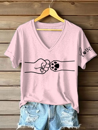 Women's Paw And Hand Printed Casual T-Shirt