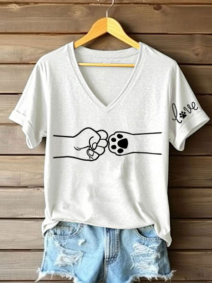 Women's Paw And Hand Printed Casual T-Shirt