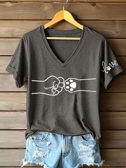 Women's Paw And Hand Printed Casual T-Shirt