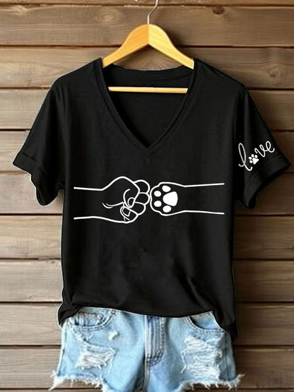 Women's Paw And Hand Printed Casual T-Shirt