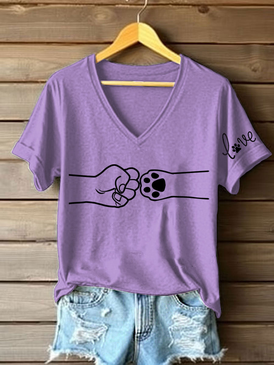 Women's Paw And Hand Printed Casual T-Shirt