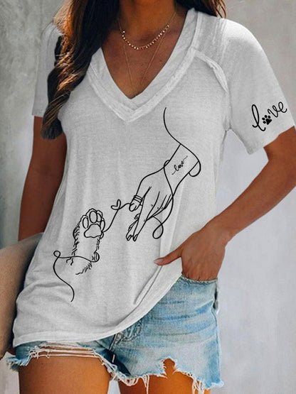 Women's Paw And Hand Printed Casual T-Shirt