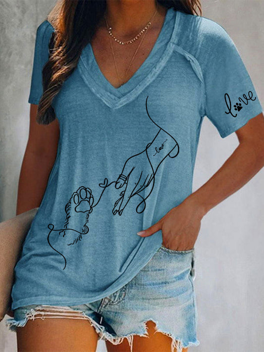 Women's Paw And Hand Printed Casual T-Shirt
