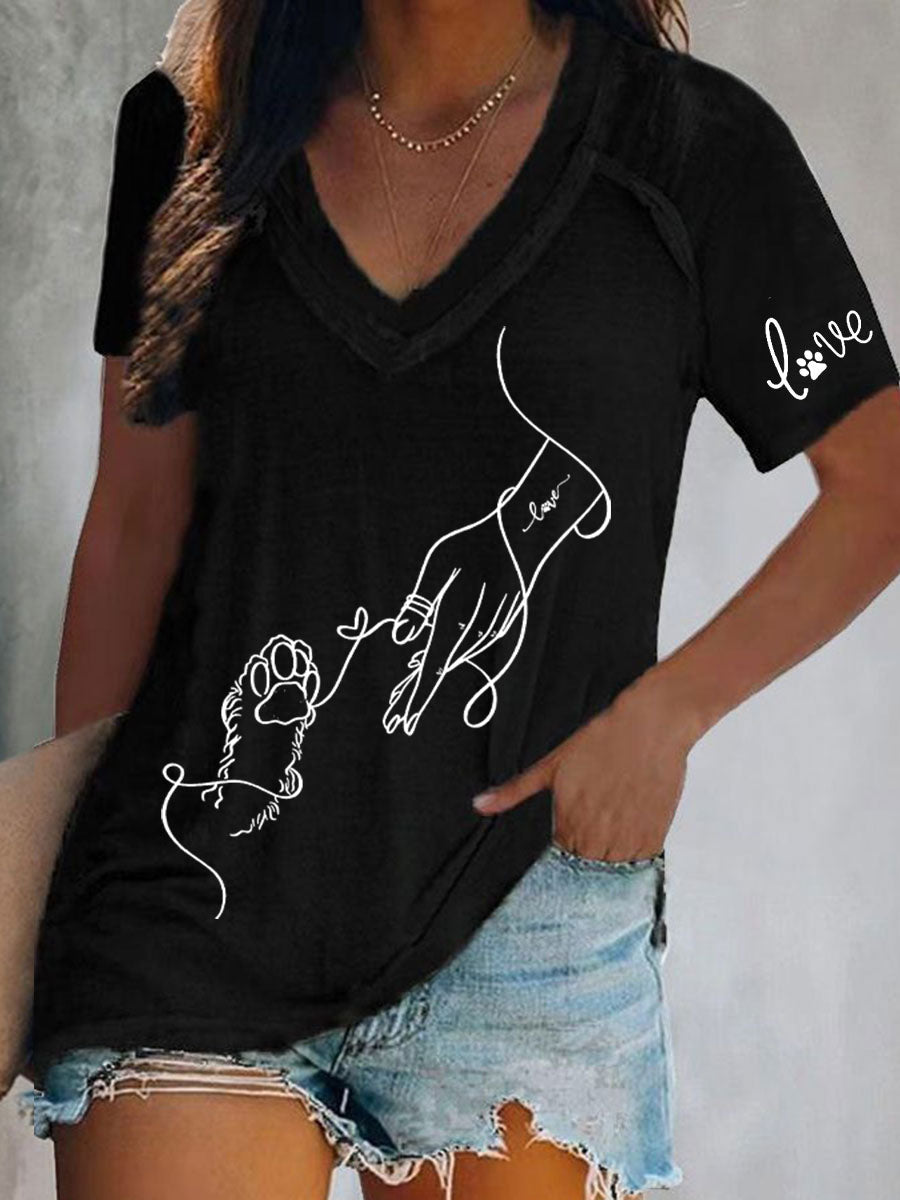 Women's Paw And Hand Printed Casual T-Shirt