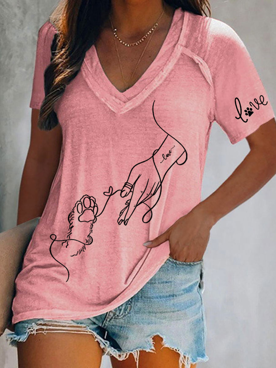 Women's Paw And Hand Printed Casual T-Shirt
