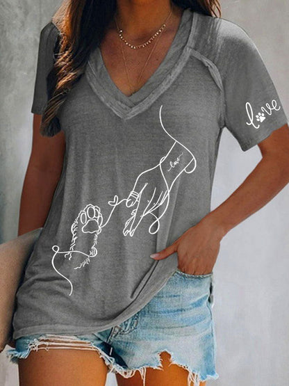Women's Paw And Hand Printed Casual T-Shirt