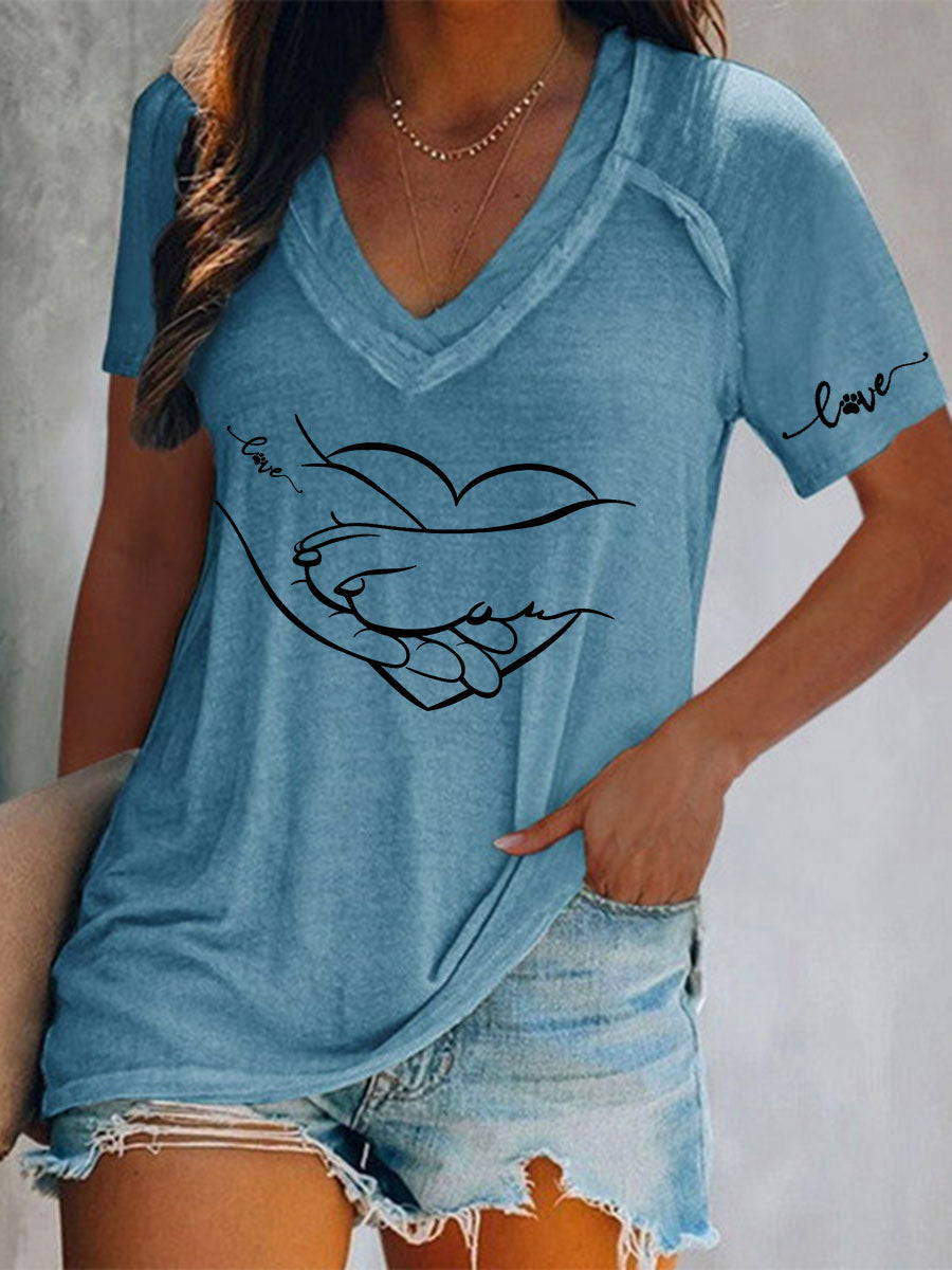 Women's Paw And Hand Printed Casual T-Shirt