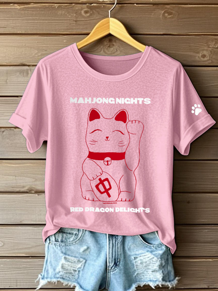 Women's Mahjong Inspired Lucky Cat Print T-shirt