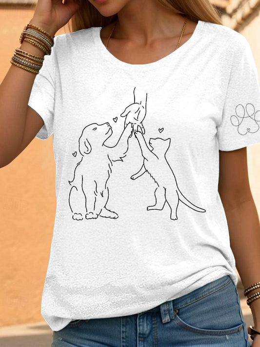 Women's Paw And Hand Printed Casual T-Shirt