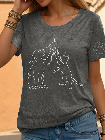 Women's Paw And Hand Printed Casual T-Shirt