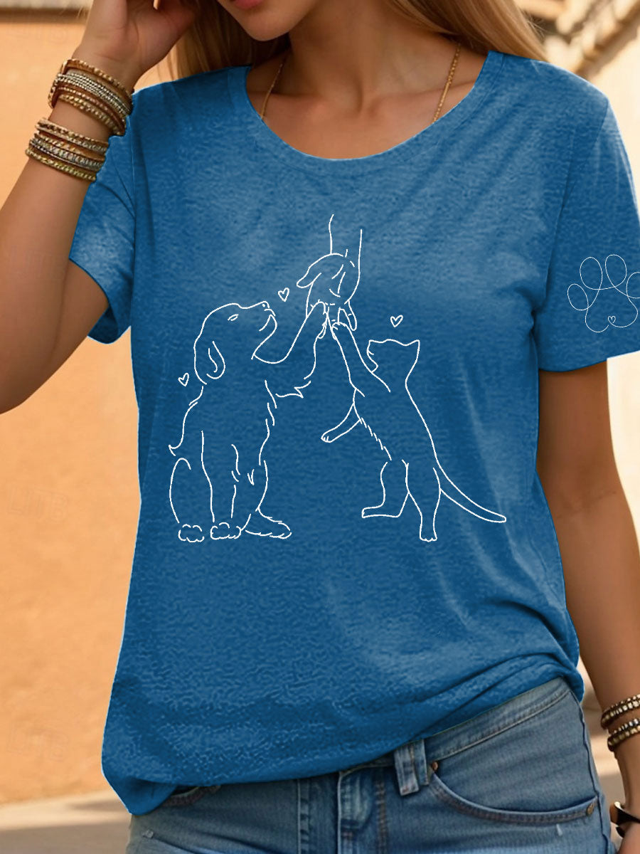 Women's Paw And Hand Printed Casual T-Shirt