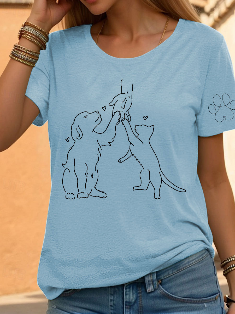 Women's Paw And Hand Printed Casual T-Shirt