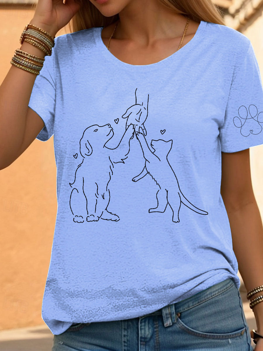 Women's Paw And Hand Printed Casual T-Shirt