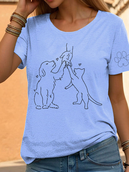 Women's Paw And Hand Printed Casual T-Shirt