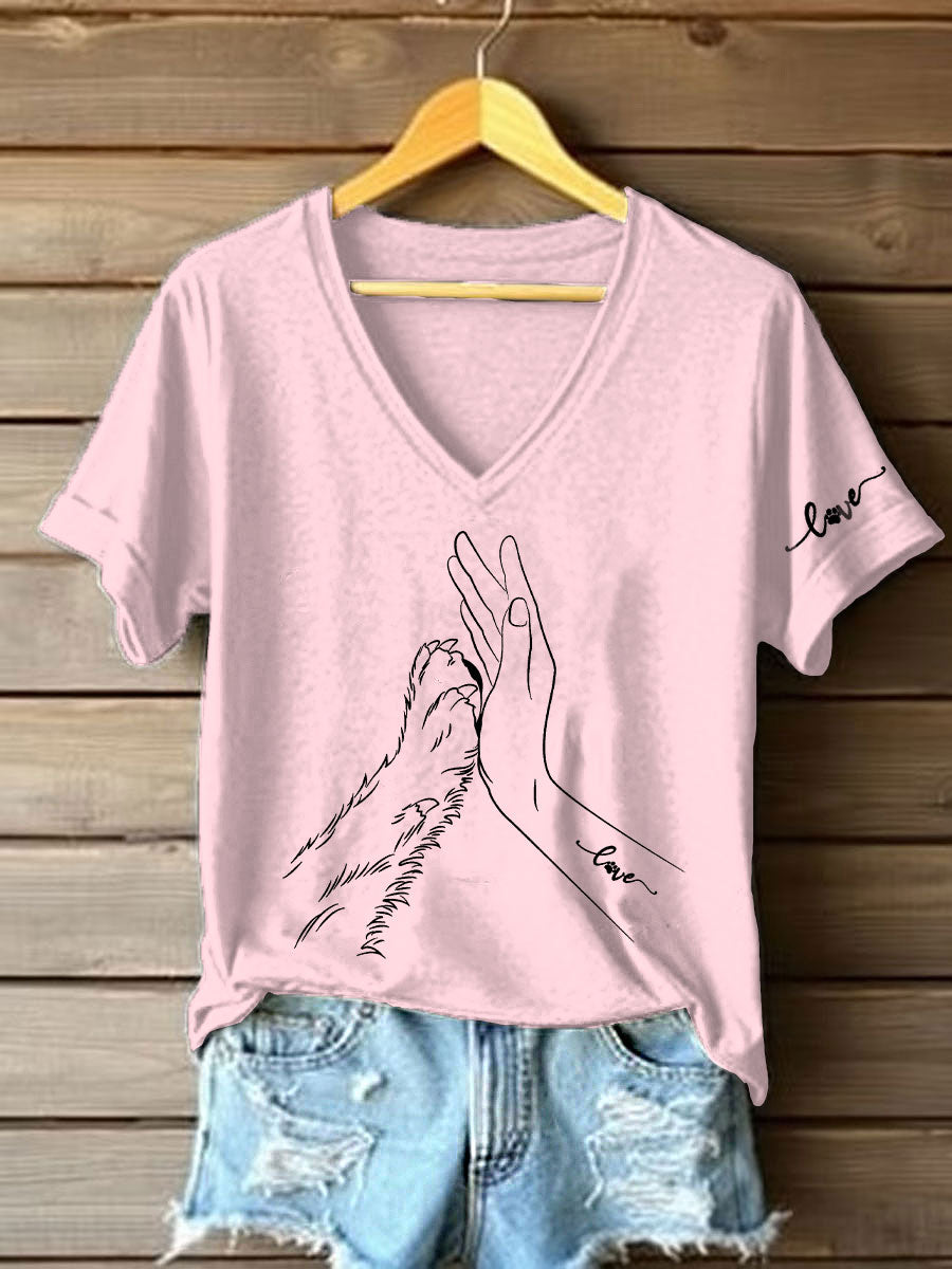 Women's Paw And Hand Printed Casual T-Shirt