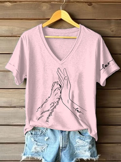 Women's Paw And Hand Printed Casual T-Shirt