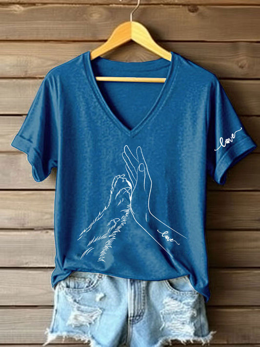 Women's Paw And Hand Printed Casual T-Shirt