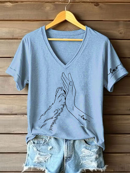 Women's Paw And Hand Printed Casual T-Shirt