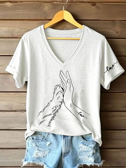 Women's Paw And Hand Printed Casual T-Shirt