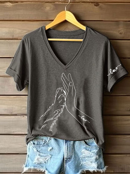 Women's Paw And Hand Printed Casual T-Shirt