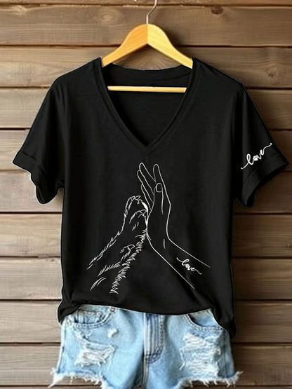 Women's Paw And Hand Printed Casual T-Shirt