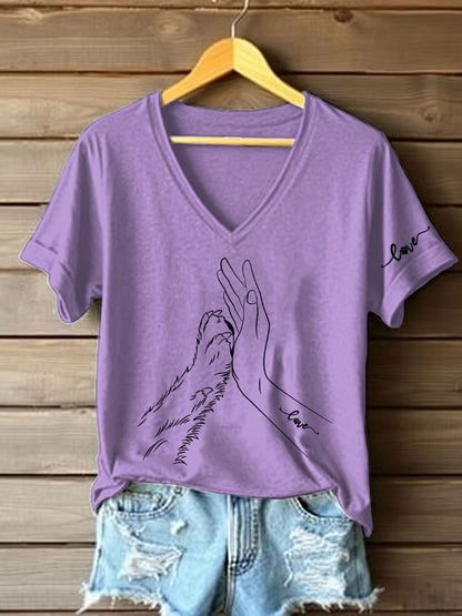 Women's Paw And Hand Printed Casual T-Shirt