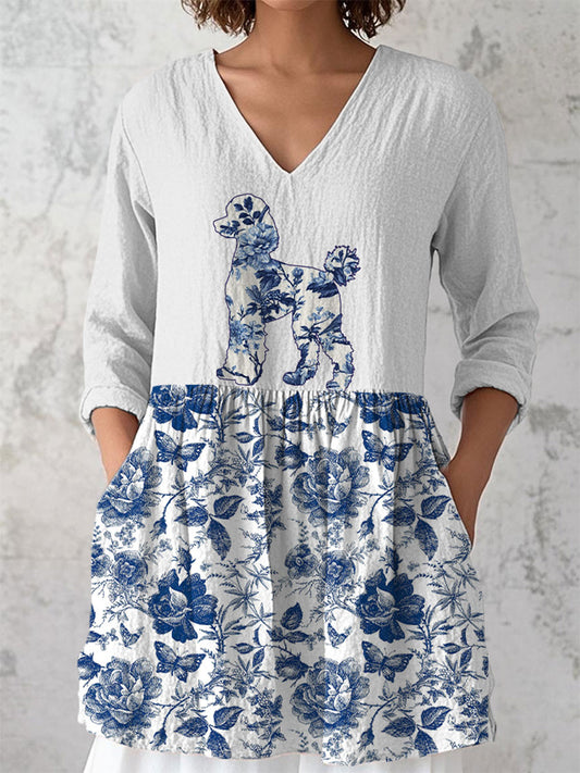 Women's Poodle Floral Cotton And Linen T-Shirt