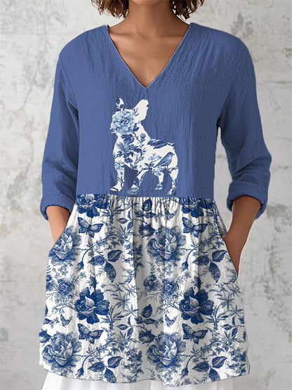Women's Poodle Floral Cotton And Linen T-Shirt