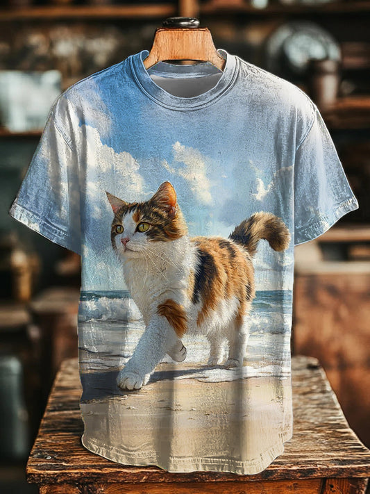 Unisex Beach Cat Print Casual T-Shirt